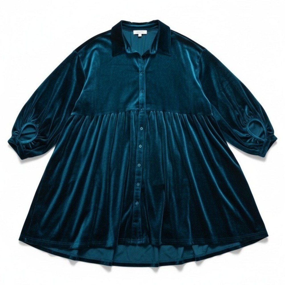Umgee Christmas Joy Velvet Tunic Top Women XL Blue Boho Tiered Babydoll Holiday
